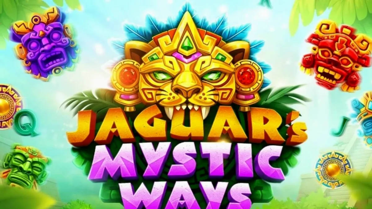 Pemandangan hutan kuno dengan kuil emas di Jaguar’s Mystic Ways